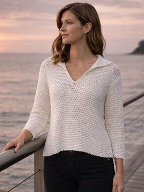 Vince Baja White Crochet Knit Cotton Pullover Sweater